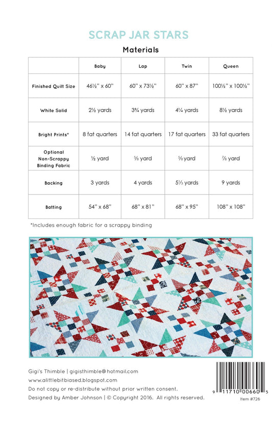 Scrap Jar Stars Paper Pattern by Gigi's Thimble Quilt Patterns - 4 Size Options: Baby, Lap, Twin and Queen. Fat Quarter or Scrap Friendly