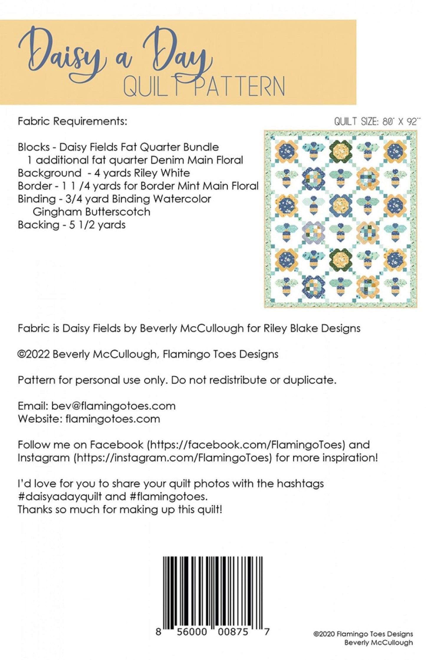 Daisy a Day Quilt Pattern - Beverly McCullough for Flamingo Toes - Ziplock Pattern
