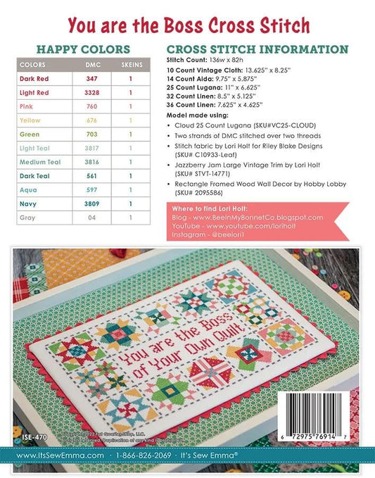 Quilt Block Cross Stitch Paper Pattern You are the Boss Lori Holt Project Instructions with Diagram Cross Stitch Lovers Gift Quilt Lovers