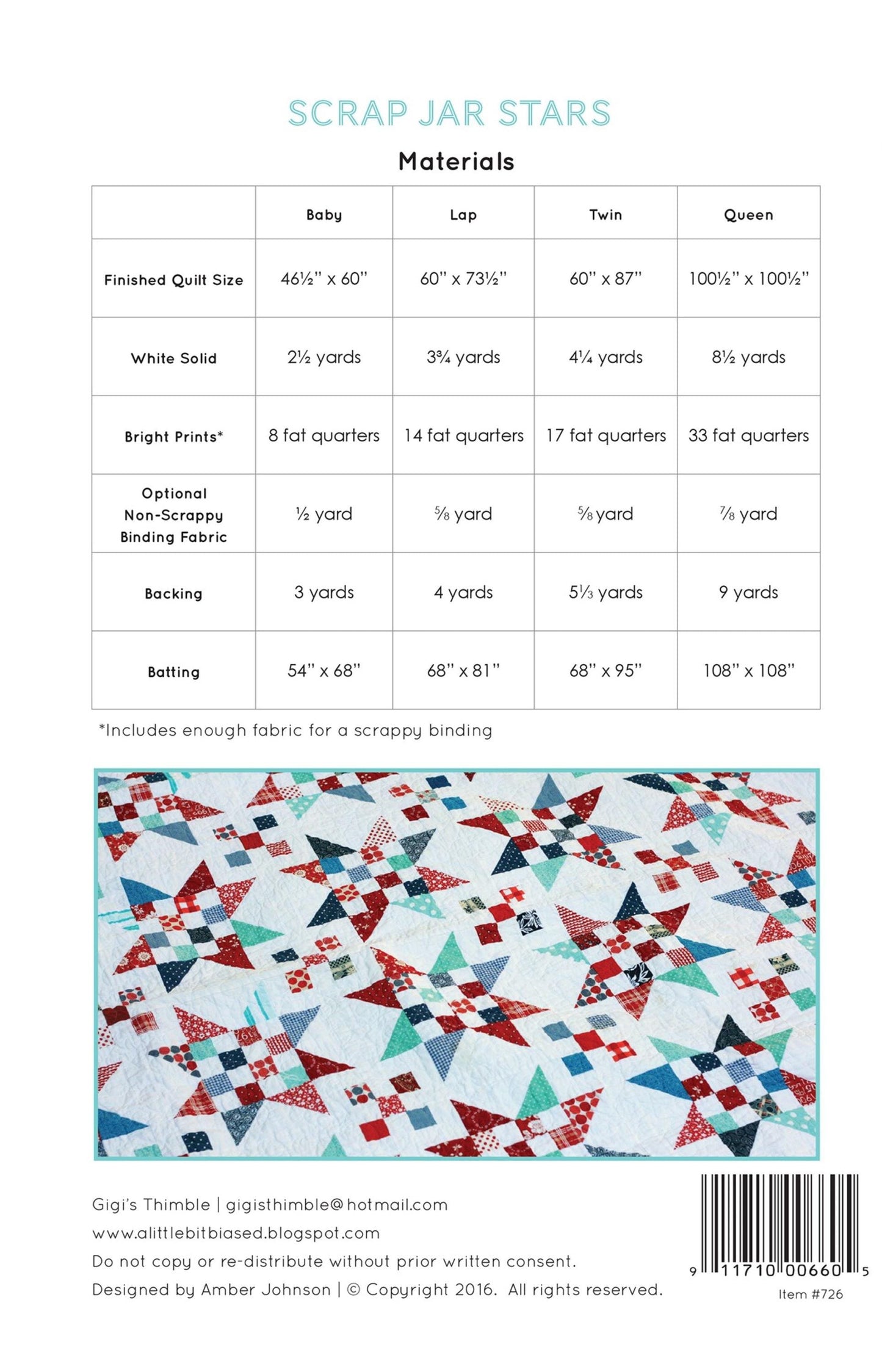 Scrap Jar Stars Paper Pattern by Gigi's Thimble Quilt Patterns - 4 Size Options: Baby, Lap, Twin and Queen. Fat Quarter or Scrap Friendly