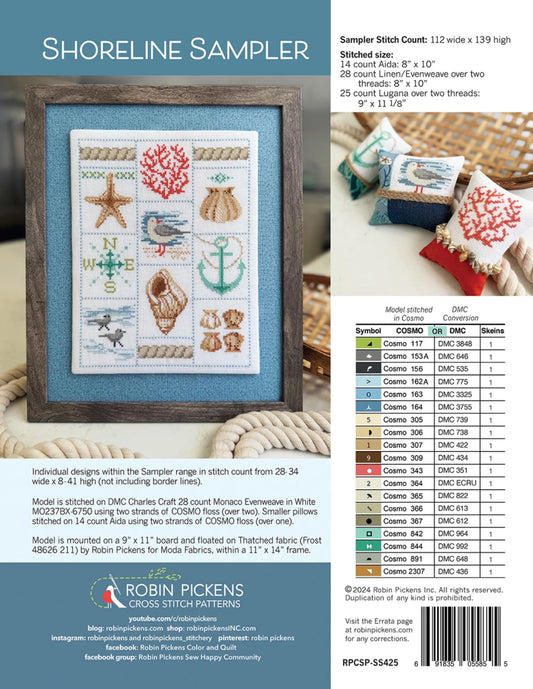Beachy Cross Stitch Sampler Shoreline Sampler Project Instructions with Diagram Cross Stitch Lovers Gift by Robin Pickens Seagull Shells