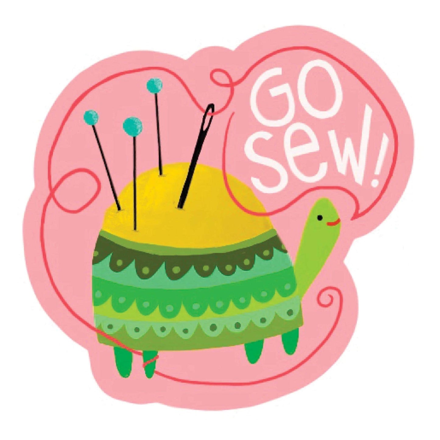 Funny Sewing Go Sew Turtle Vinyl Sticker - Quilt Lover Turtle Pin Cushion with Go Sew in Pink Green and Yellow Personalize with a Sticker