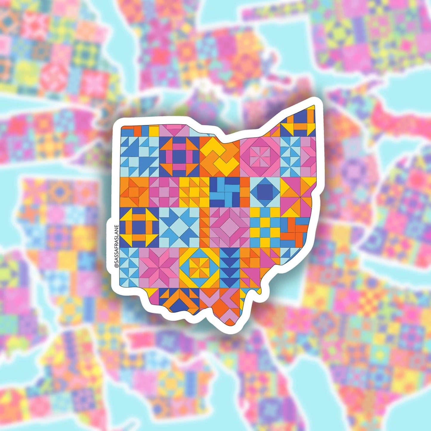 Ohio Patchwork Vinyl Sticker - Quilt Look Ohio Shape Quilting Lover Gift