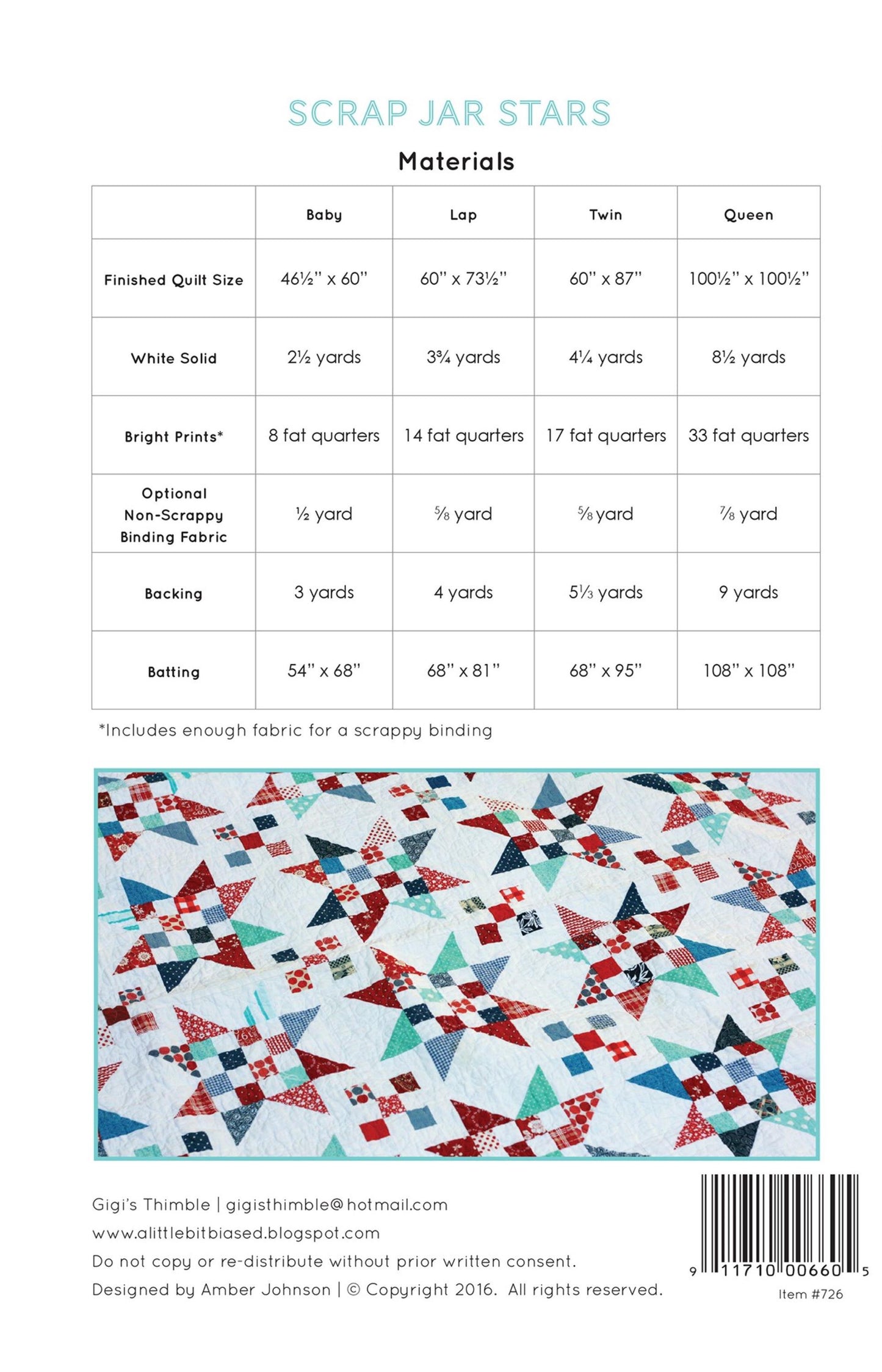 Scrap Jar Stars Paper Pattern by Gigi's Thimble Quilt Patterns - 4 Size Options: Baby, Lap, Twin and Queen.  Fat Quarter or Scrap Friendly