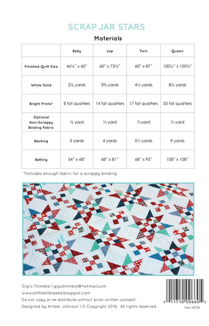 Scrap Jar Stars Paper Pattern by Gigi's Thimble Quilt Patterns - 4 Size Options: Baby, Lap, Twin and Queen.  Fat Quarter or Scrap Friendly
