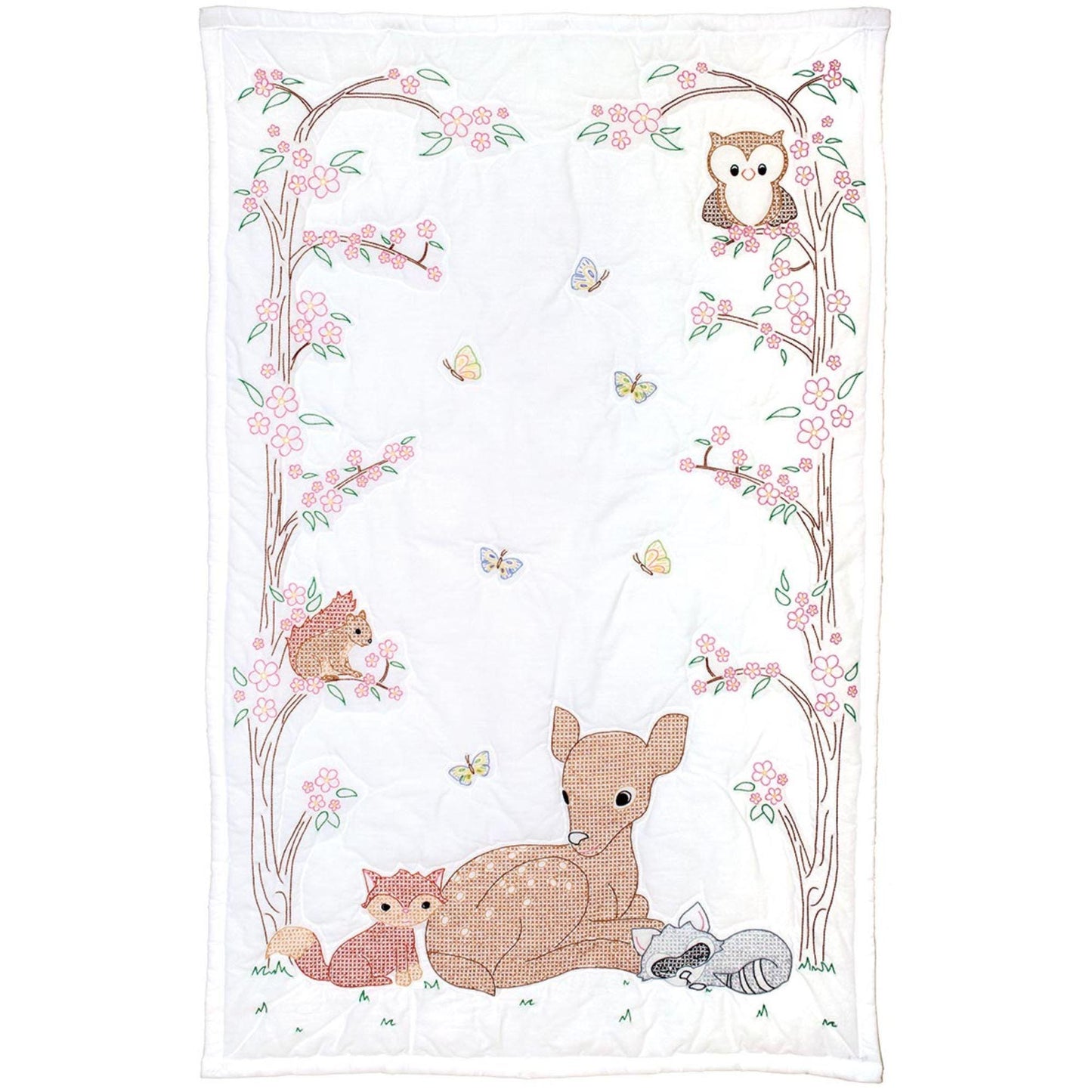 Deer and Friends Woodland Crib Size Pre-Printed Embroidery Quilt Blocks Jack Dempsey Lap Quilt Pre-Printed Deer Owl Squirrel Fox Racoon Tree