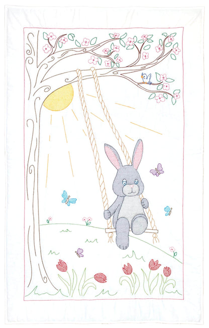 Swinging Bunny Crib Quilt  Pre-Printed Embroidery Fabric Jack Dempsey Adorable Bunny Swinging with Butterfly and Sun For Grandchild