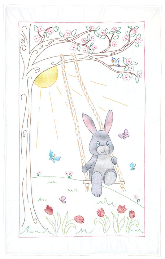 Swinging Bunny Crib Quilt  Pre-Printed Embroidery Fabric Jack Dempsey Adorable Bunny Swinging with Butterfly and Sun For Grandchild