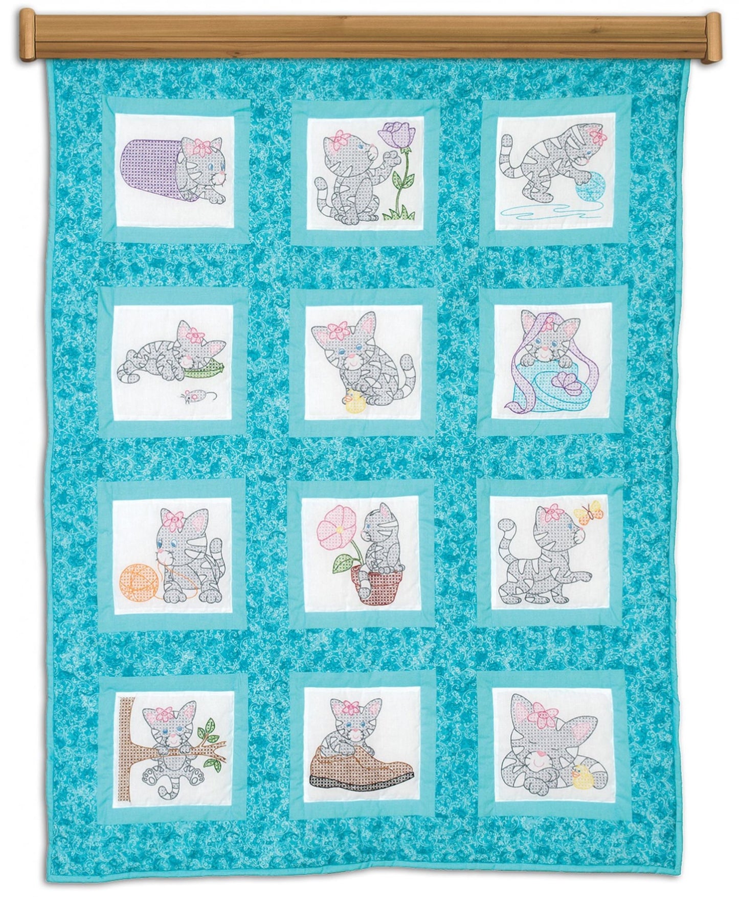 Kitten Themed Pre-Printed Embroidery Quilt Blocks - Jack Dempsey - 12 - 9" Quilt Blocks #737-679