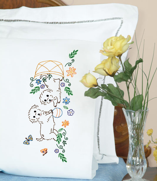 Puppy Themed Pre-Printed Embroidery Pillow Cases - Jack Dempsey - 2 Standard Sized Pillow Cases 1600-881