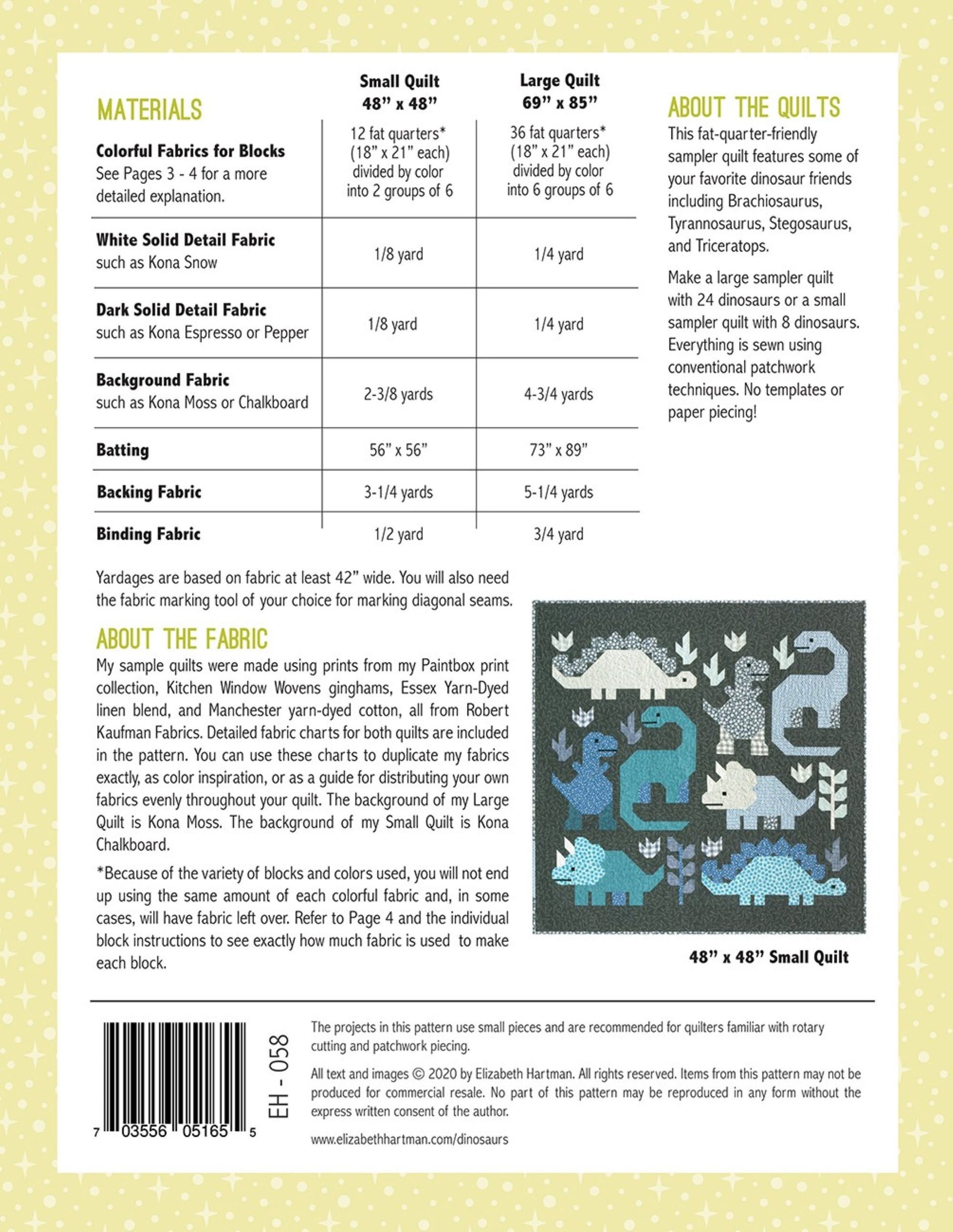 Dinosaurs Quilt Pattern by Elizabeth Hartman - Book Pattern