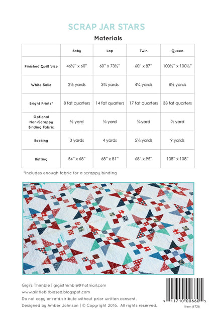 Scrap Jar Stars Paper Pattern by Gigi's Thimble Quilt Patterns - 4 Size Options: Baby, Lap, Twin and Queen. Fat Quarter or Scrap Friendly