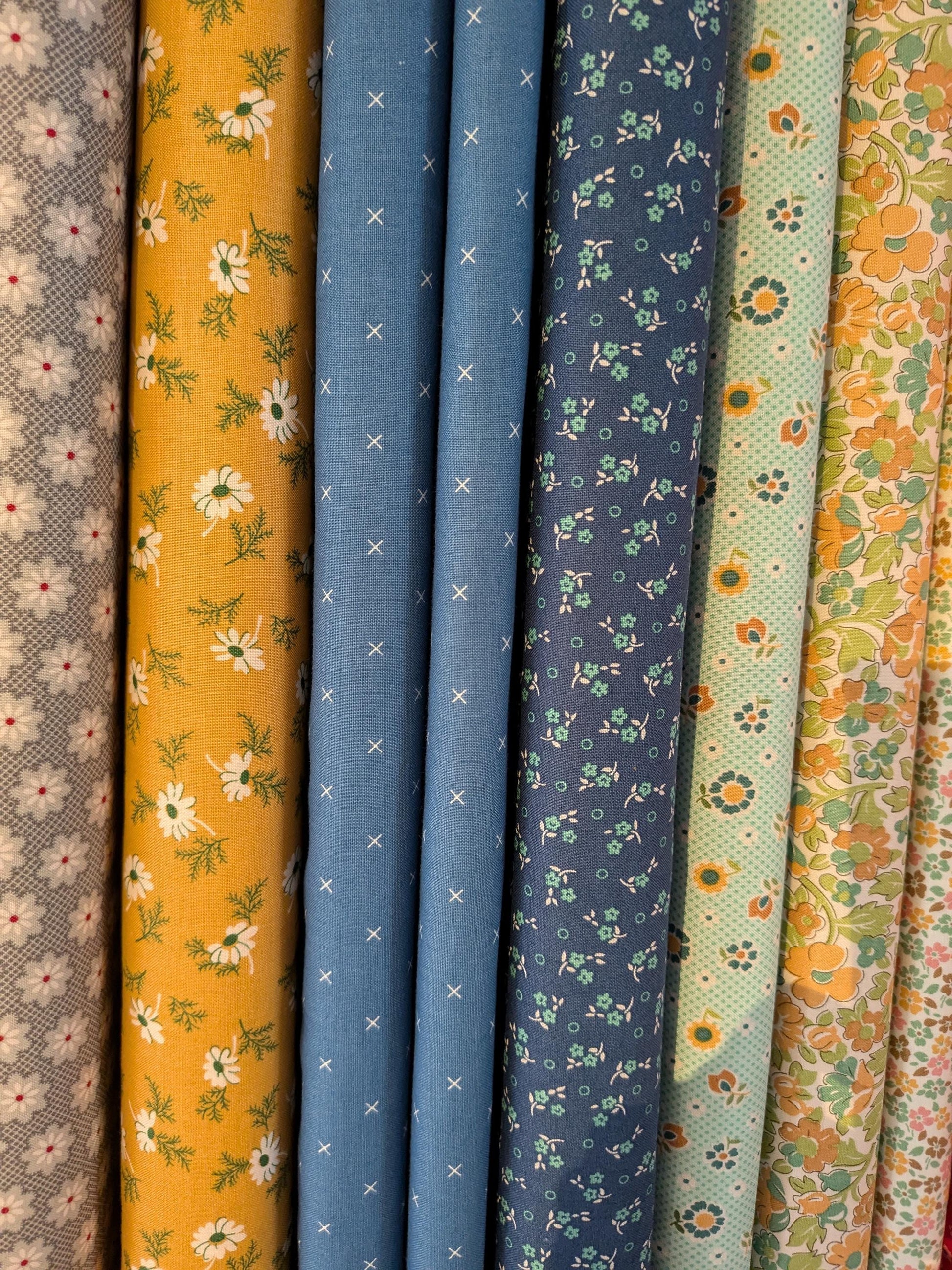 Bee Cross Stitch Fabric - Denim Blue and Seaglass by Lori Holt for Riley Blake - Yardage priced by the Half Yard