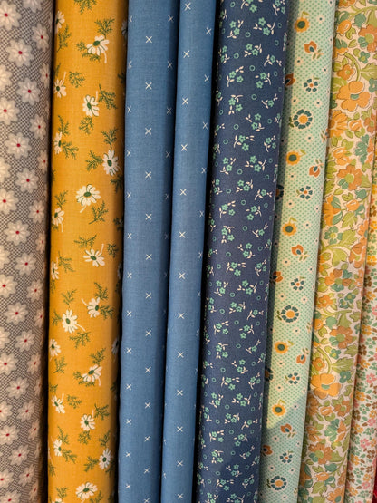 Bee Cross Stitch Fabric - Denim Blue and Seaglass by Lori Holt for Riley Blake - Yardage priced by the Half Yard