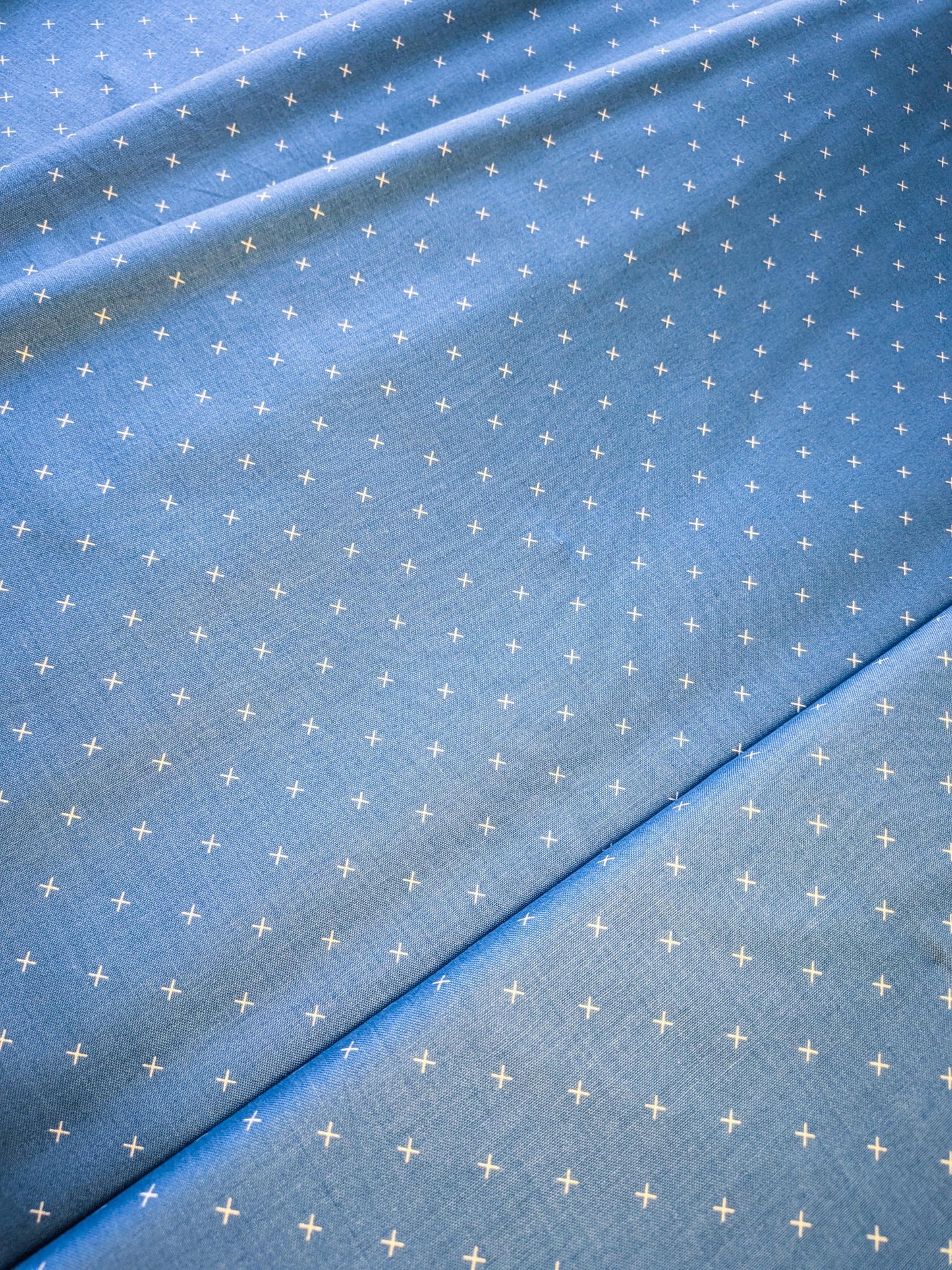 Bee Cross Stitch Fabric - Denim Blue and Seaglass by Lori Holt for Riley Blake - Yardage priced by the Half Yard