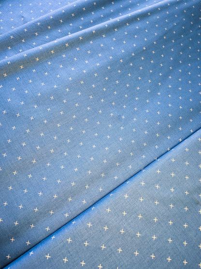 Bee Cross Stitch Fabric - Denim Blue and Seaglass by Lori Holt for Riley Blake - Yardage priced by the Half Yard