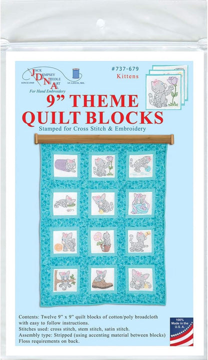 Kitten Themed Pre-Printed Embroidery Quilt Blocks - Jack Dempsey - 12 - 9" Quilt Blocks #737-679