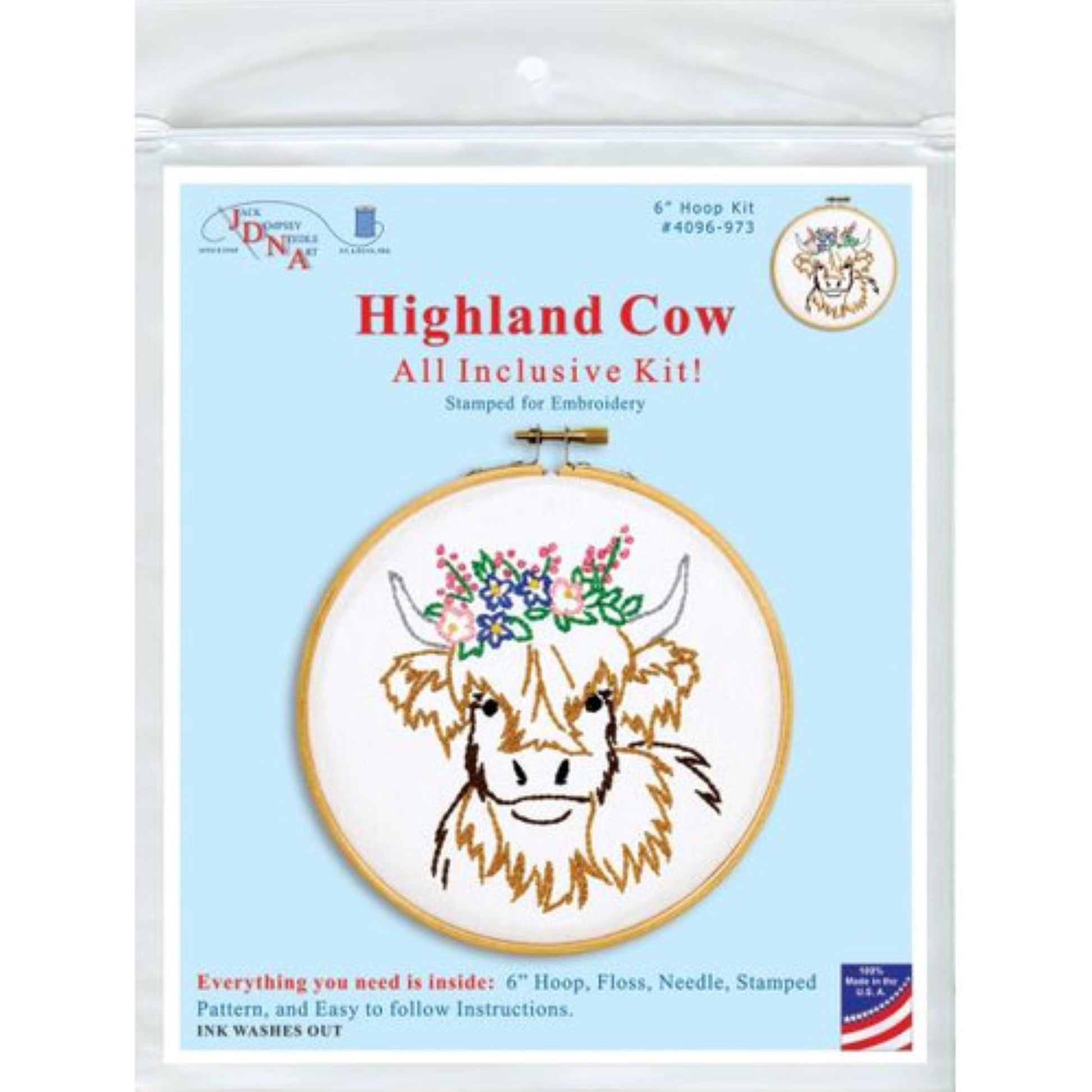 Highland Cow Hoop Complete Kit - Jack Dempsey Embroidery Kit - 6" - Hoop, floss and needle Included 4096-973
