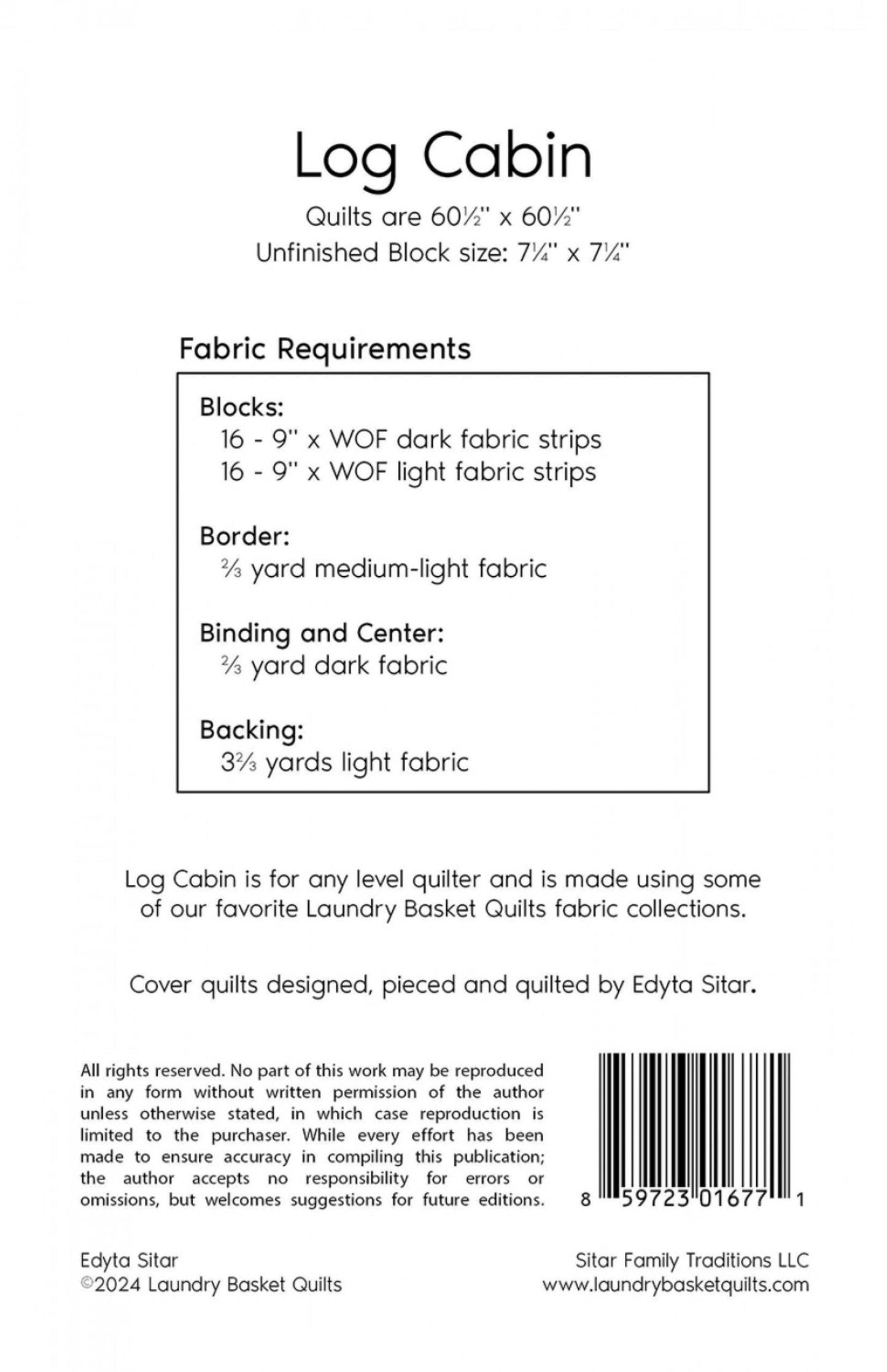 Log Cabin Pattern from Edyta Sitar for Laundry Basket Quilts - Paper Pattern Traditional Quilt - Three Layouts