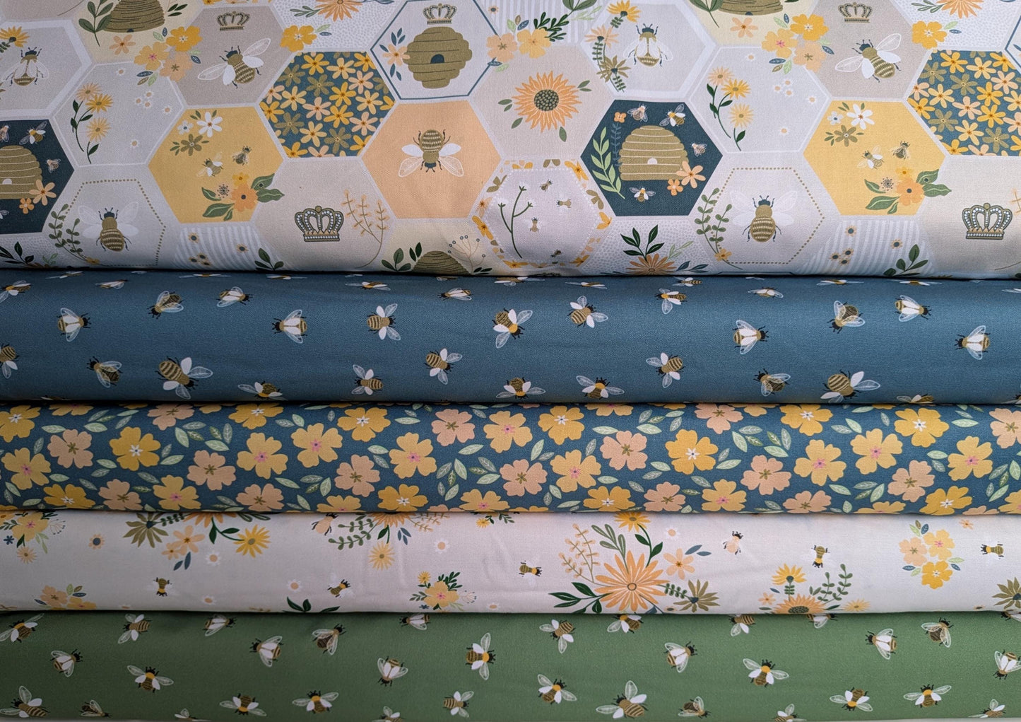 The Bees Knees Fabric Collection from Dear Stella Five Bolts of Quilting Cotton by the Half Yard Bees in Blue and Green with Modern Design