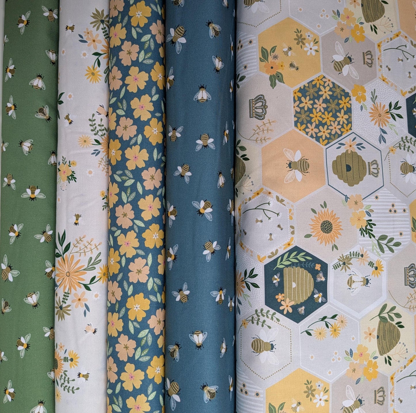 The Bees Knees Fabric Collection from Dear Stella Five Bolts of Quilting Cotton by the Half Yard Bees in Blue and Green with Modern Design