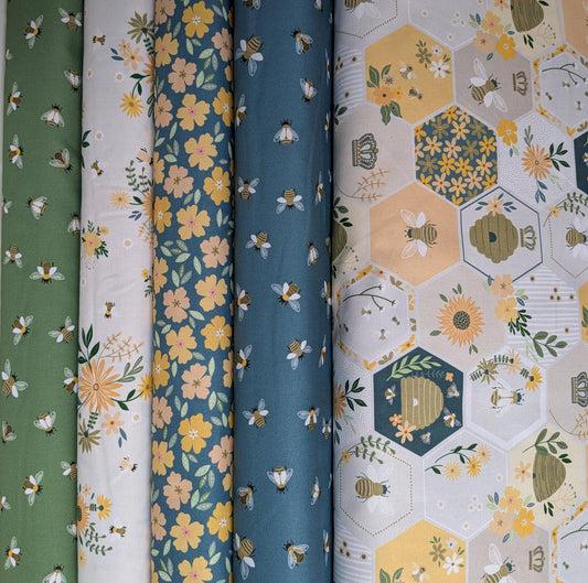 The Bees Knees Fabric Collection from Dear Stella Five Bolts of Quilting Cotton by the Half Yard Bees in Blue and Green with Modern Design
