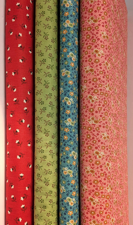 Autumn Collection 4 Choices by Lori Holt for Riley Blake Yardage by the Half Yard in Blue Coral Green and Riley Red