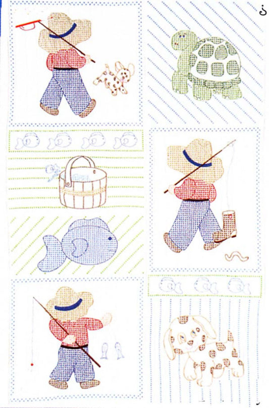Little Boys Cute Baby Prints Puppy Turtle and Fishing Crib Size Pre-Printed Embroidery Quilt Blocks Jack Dempsey Lap Quilt Pre-Printed