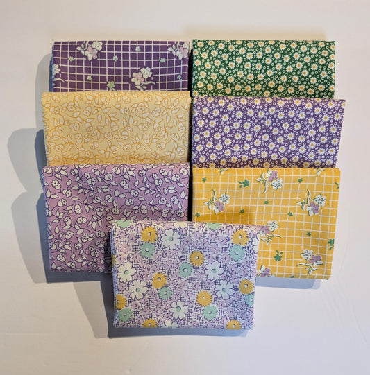 1930s Fat Quarter Bundle Dilly Dally Florals Small 7 Fabric Bundle of Shop Cut Fat Quarters Purple Yellow Green Feed Sack Prints