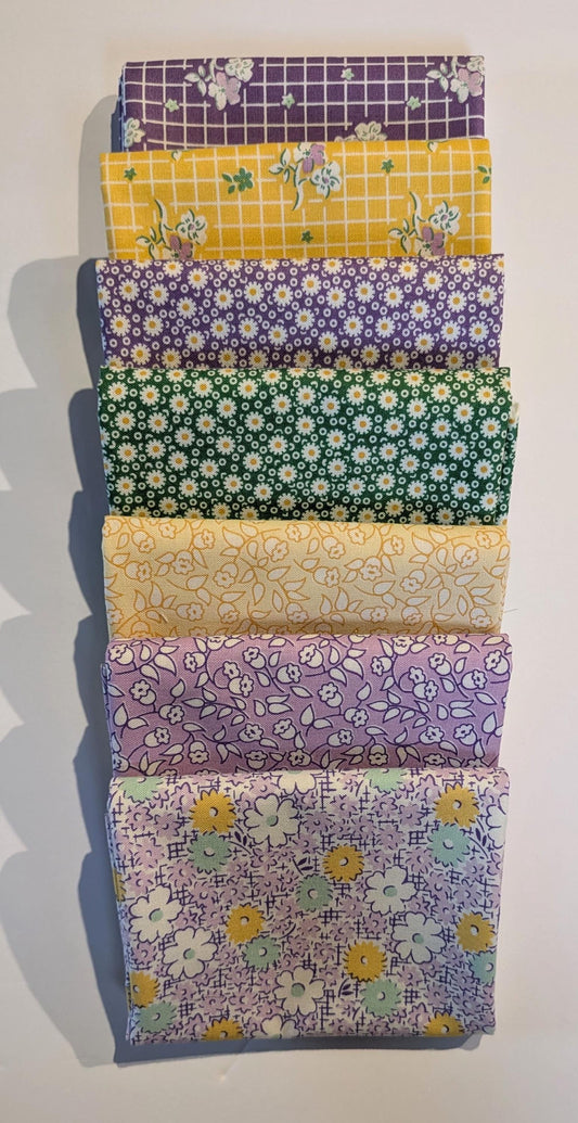 1930s Fat Quarter Bundle Dilly Dally Florals Small 7 Fabric Bundle of Shop Cut Fat Quarters Purple Yellow Green Feed Sack Prints