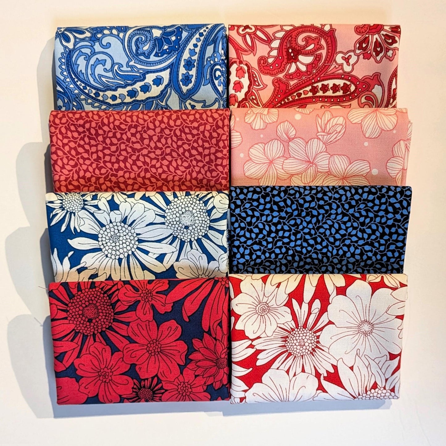 Red White and Blue and Pink Paradise Park 8 Fat Quarter Bundle by Pat Sloan for Benartex Paisley and Large Floral Print Summer Patriotic
