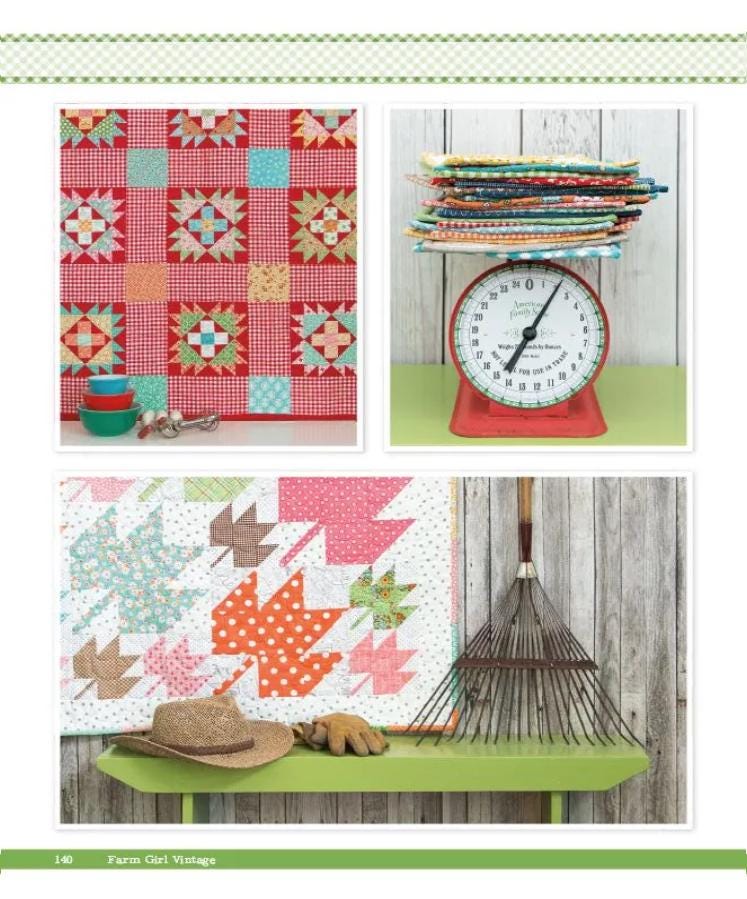 Here you see different setting ideas for the blocks. The Red is the "Feed and Seed" block.
The "Scrappy Maple Leaf" shows how to mix sizes of 12" and 6" to make a striking quilt.