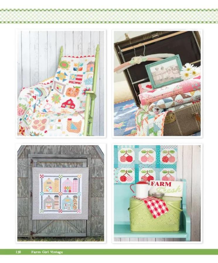 See here the quilt ideas from this book including a sampler quilt.
Bottom left image is showing the Bonus "Barn Block" where you can place a 6"  block inside replicating a Quilt Painted on a Barn as you see around America.