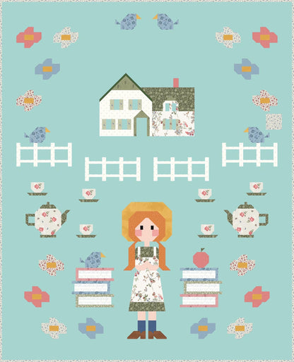 Quilt Image shown of an aqua quilt with pieced images of Red Haired Anne Shirley with Book Stacks and Tea Sets with a Prominent House design at the Top.  There are cute flowers all around the corners with Birds at the top.  Also white picket fences near the house.  
  All images are pieced from cotton fabrics which are included in the quilt kit.