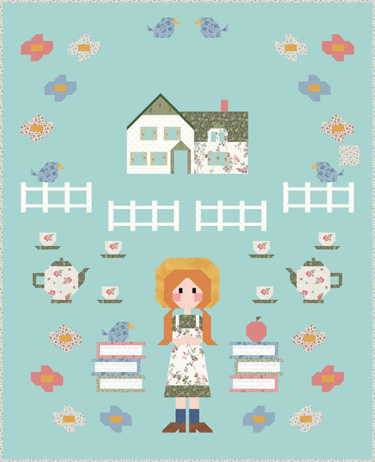 Quilt Image shown of an aqua quilt with pieced images of Red Haired Anne Shirley with Book Stacks and Tea Sets with a Prominent House design at the Top.  There are cute flowers all around the corners with Birds at the top.  Also white picket fences near the house.  
  All images are pieced from cotton fabrics which are included in the quilt kit.