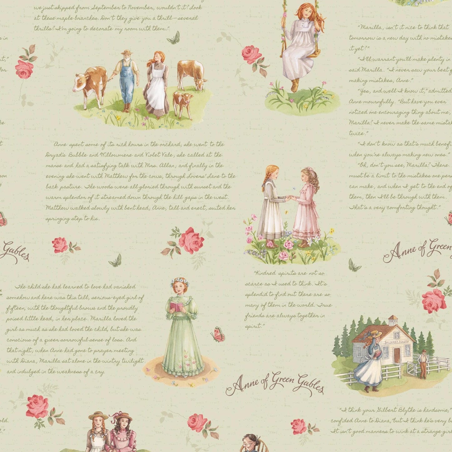 Anne of Green Gables Scenic Main Fabric Sage Green Fabric Yardage priced by the Half Yard Cotton Fabric Book Lovers Literary Fabric