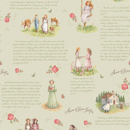Anne of Green Gables Scenic Main Fabric Sage Green Fabric Yardage priced by the Half Yard Cotton Fabric Book Lovers Literary Fabric