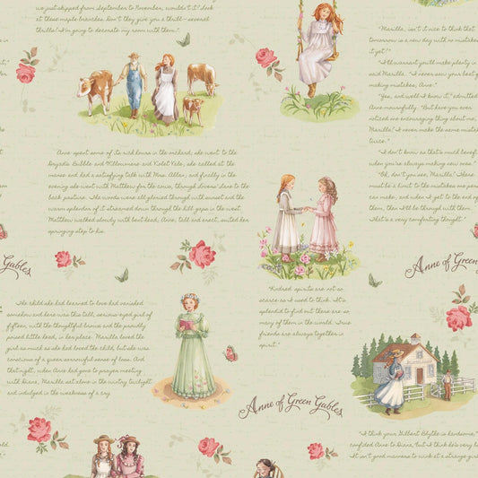 Anne of Green Gables Scenic Main Fabric Sage Green Fabric Yardage priced by the Half Yard Cotton Fabric Book Lovers Literary Fabric