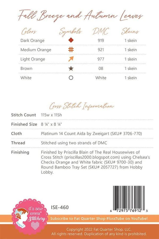 Fall Cross Stitch Paper Pattern Fox with Fall Leaves It's Sew Emma Small Project Instructions with Diagram Cross Stitch Lovers Gift Easy