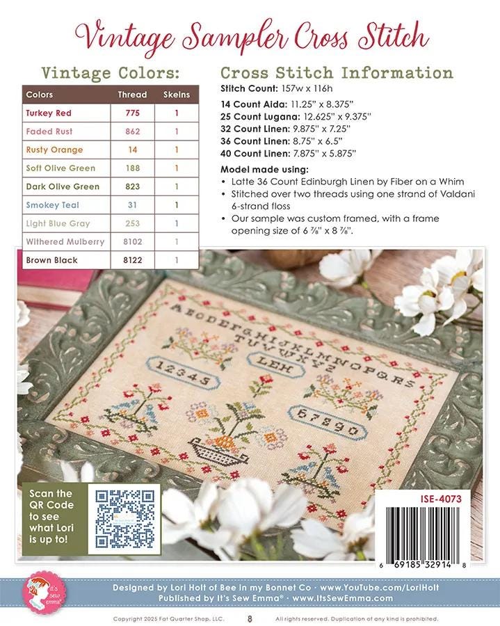 Vintage Sampler Cross Stitch Paper Pattern Traditional Design Lori Holt Project Instructions with Diagram Cross Stitch Lovers Gift