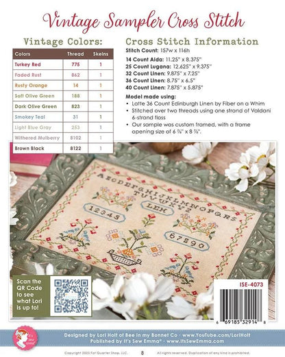 Vintage Sampler Cross Stitch Paper Pattern Traditional Design Lori Holt Project Instructions with Diagram Cross Stitch Lovers Gift
