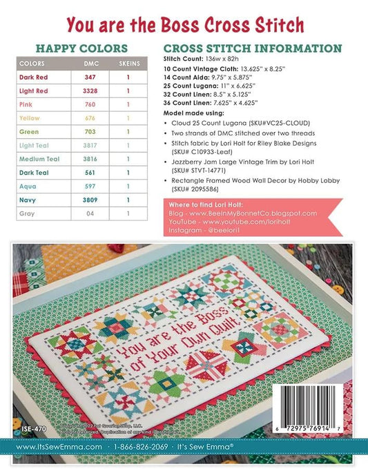 Quilt Block Cross Stitch Paper Pattern You are the Boss Lori Holt Project Instructions with Diagram Cross Stitch Lovers Gift Quilt Lovers
