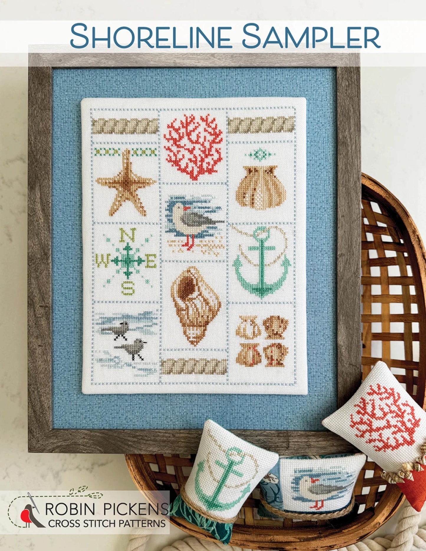 Beachy Cross Stitch Sampler Shoreline Sampler Project Instructions with Diagram Cross Stitch Lovers Gift by Robin Pickens Seagull Shells