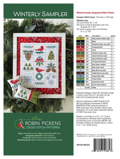 Winter Cross Stitch Sampler Winterly Sampler Project Instructions with Diagram Cross Stitch Lovers Gift by Robin Pickens Cardinal Snowflake