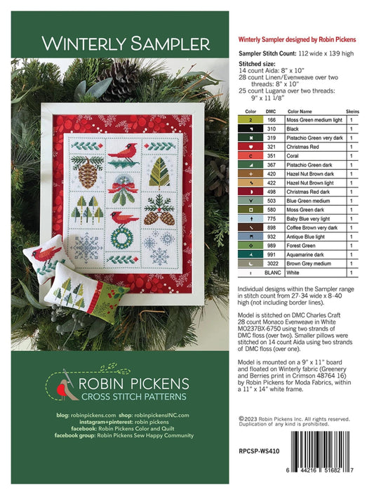 Winter Cross Stitch Sampler Winterly Sampler Project Instructions with Diagram Cross Stitch Lovers Gift by Robin Pickens Cardinal Snowflake