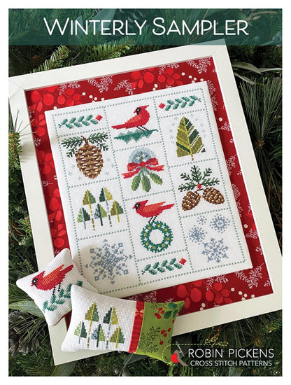Winter Cross Stitch Sampler Winterly Sampler Project Instructions with Diagram Cross Stitch Lovers Gift by Robin Pickens Cardinal Snowflake