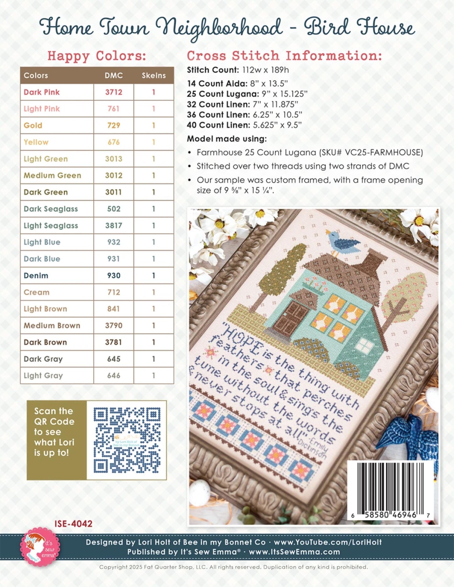 Hope House Sampler Paper Pattern Bird House Lori Holt Project Instructions w Diagram Cross Stitch Lovers Gift Quilt Lovers Emily Dickenson
