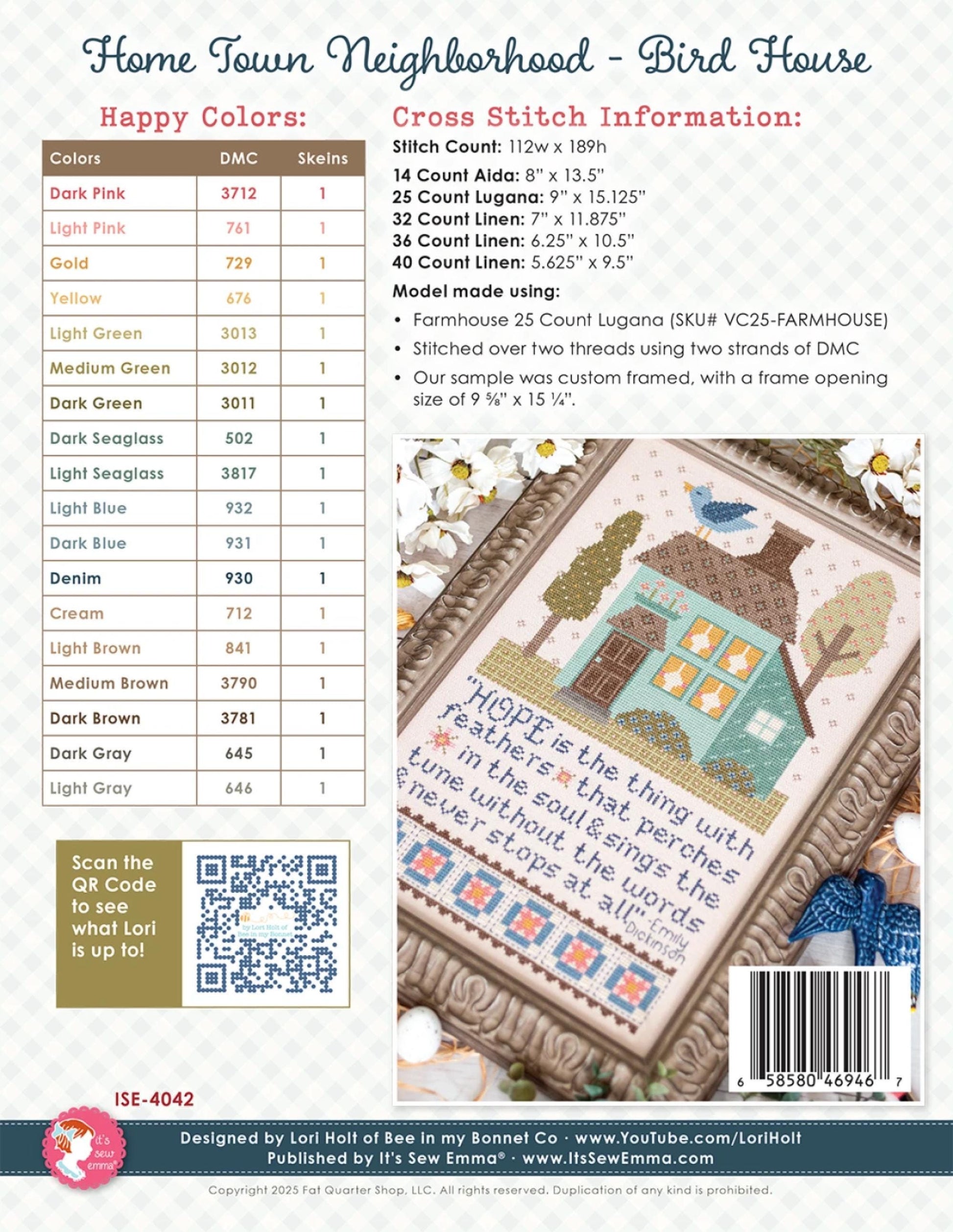 Hope House Sampler Paper Pattern Bird House Lori Holt Project Instructions w Diagram Cross Stitch Lovers Gift Quilt Lovers Emily Dickenson