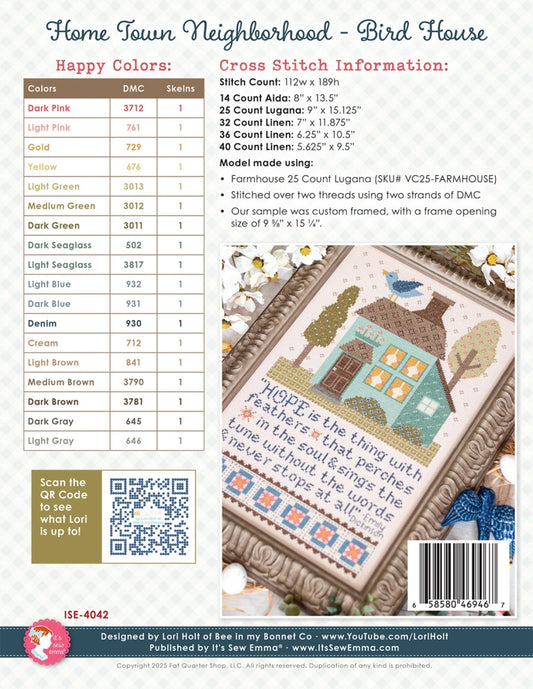 Hope House Sampler Paper Pattern Bird House Lori Holt Project Instructions w Diagram Cross Stitch Lovers Gift Quilt Lovers Emily Dickenson