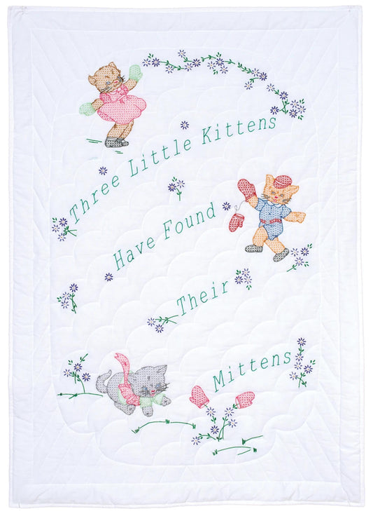 Three Little Kittens Crib Quilt Pre-Printed Embroidery Fabric Jack Dempsey Adorable Kittens with Mittens and Florals For Granddaughter